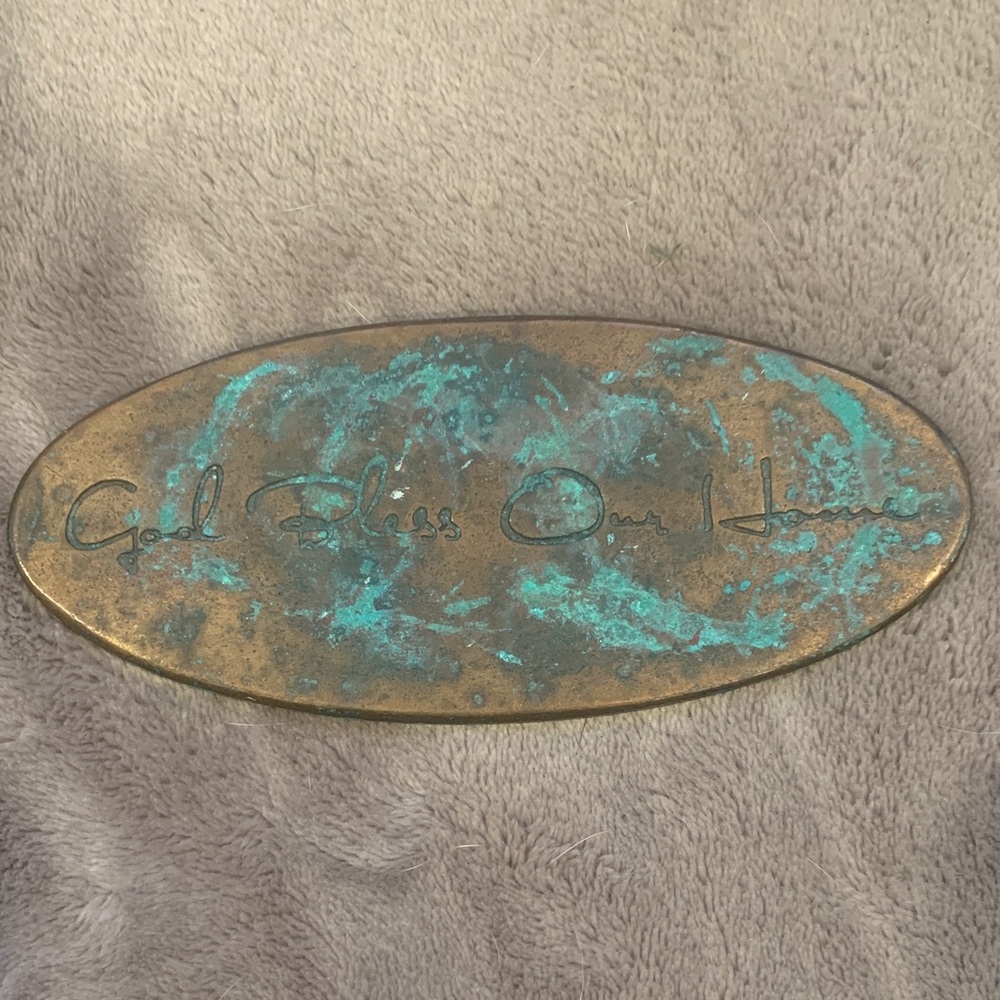 God Bless Our House Brass Oval Decorative Plaque with Turquoise Patina